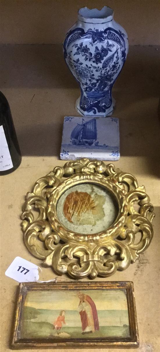 Gilt circular frame, delft vase etc